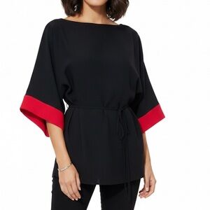 Lauren Ralph Lauren Green Label Black Red Belted Top Kimono Sleeves - Size Large